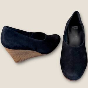 Eileen Fisher Suede Vero Cuoio Wedge High Heel Pump Shoes Women Size 9 Black